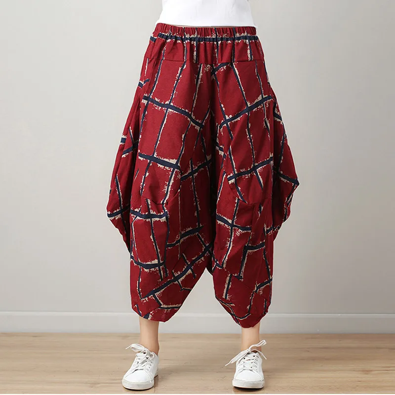 Summer Autumn Women Casual Loose Harem Pants Grid Print Elastic Waist Wide Leg Pants Big Size Cotton Linen Trousers Cross-Pants