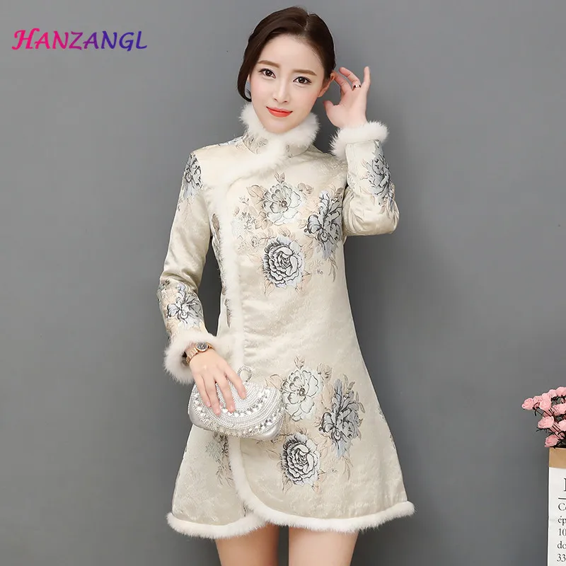 

HANZANGL Chinese Traditional Women Long Sleeve Cheongsam Dress Qipao Thick Warm Wool Collar Retro Printing Winter Cheongsam Coat