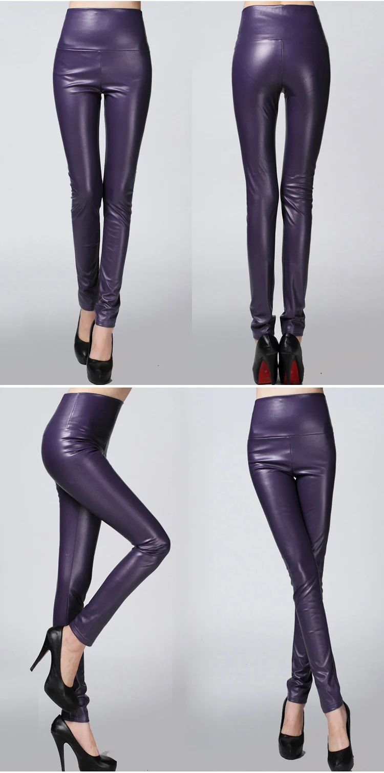 Autumn and winter large size with fleece PU color imitation leather leggings high waist tight leather trousers for women slim (32)