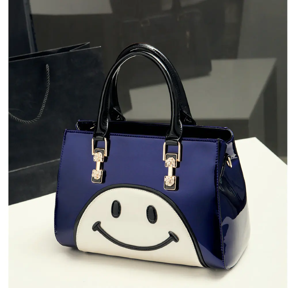 Women's fashion color block smiley bag shinning patent leather cartoon
