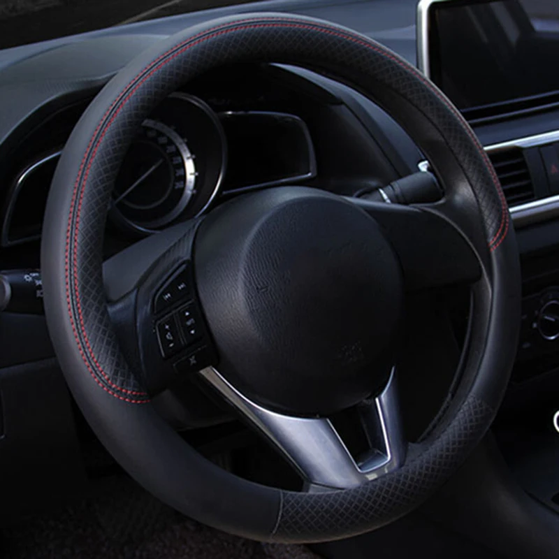 

Car Leather Steering Wheel Cover Anti-slip Protector 38cm/15 Red Parts Decor