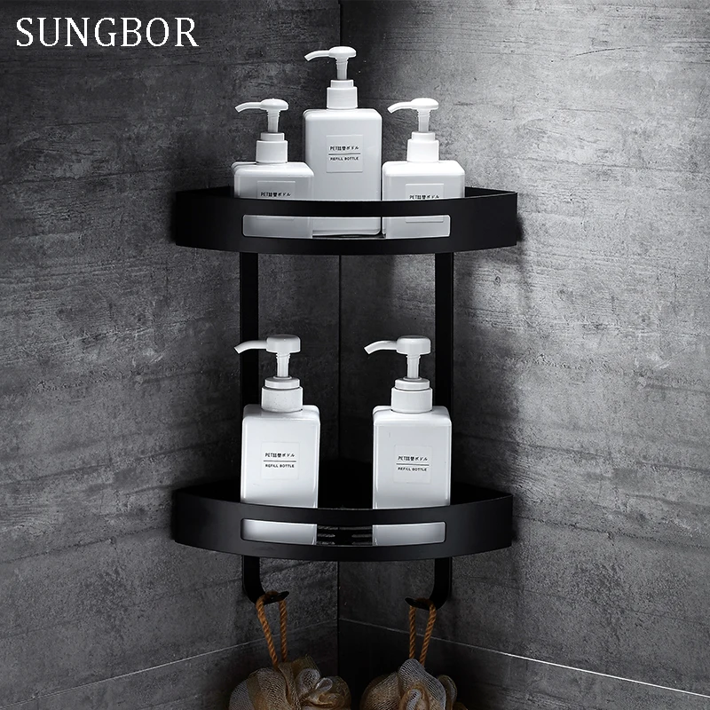 Online Edelstahl 304 Schwarz bad ecke regal dusche zimmer rack für körper waschen flasche wc ecke tisch regal rack halter