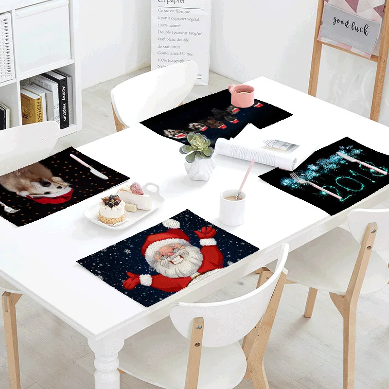 

Hot Sale Merry Christmas Tablecloth Santa Claus Cat Dog Restaurant Living Room Decoration Napkin Wedding Gift Linen Table Flag