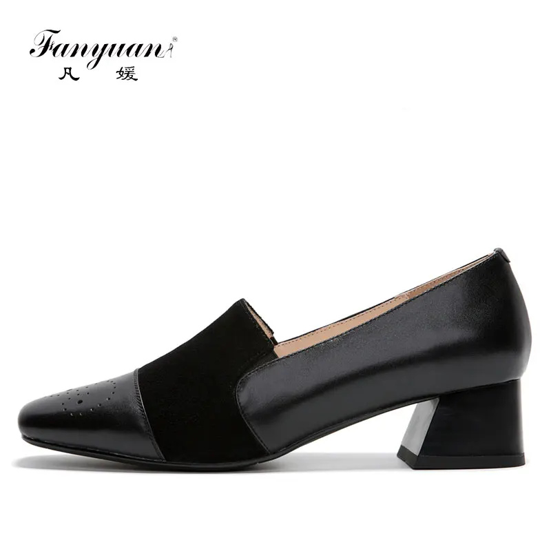 

Fanyuan Women Thick High Heels Genuine Leather Pumps Elegant Spring Autumn Mix color Shoes Woman Square Toe Office Pumps
