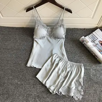 

Solid Sleepwear Women Pajamas Sets with Shorts Sexy Satin Summer Pyjama Nightsuits Pajamas for Women with Chest Pad pijama 907