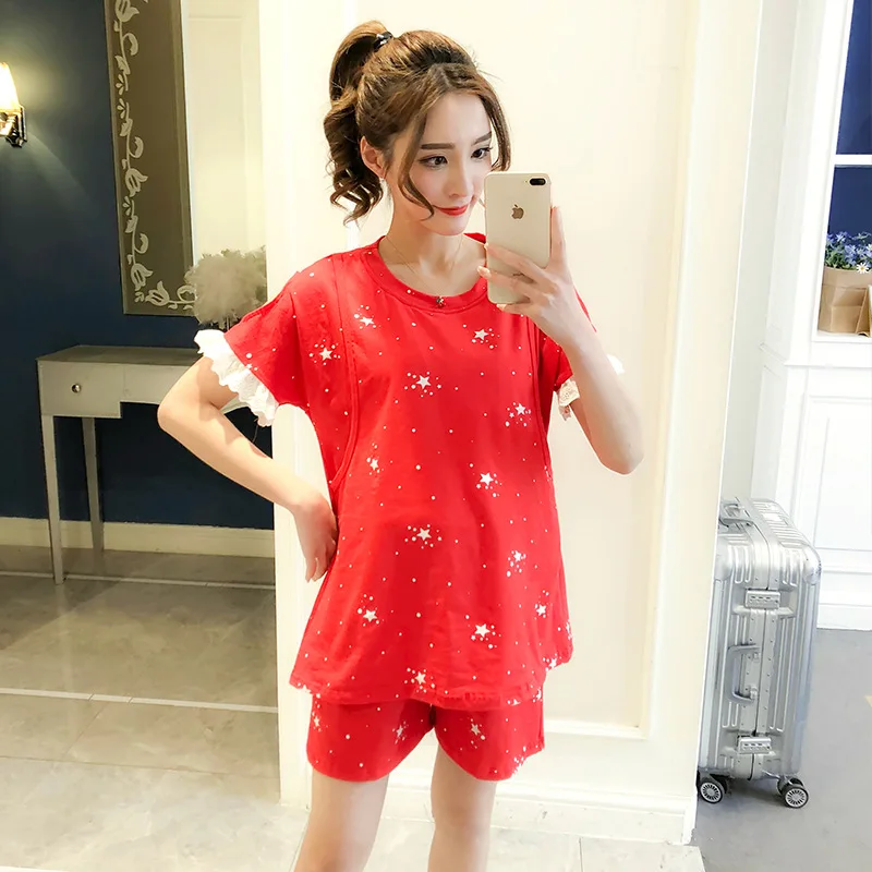 

100% Cotton Maternity Nursing Clothes for pregnant women pajamas breast-feeding clothes Lace Sleep home set feeding large yards