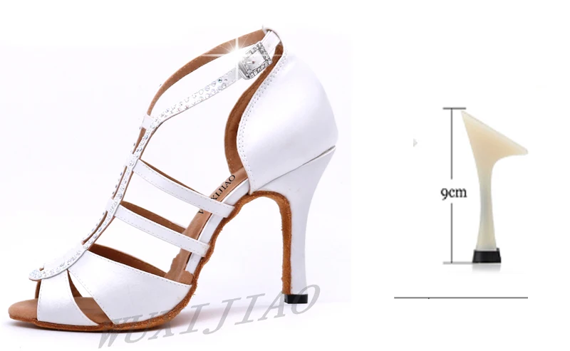 WUXIJIAO/Новинка; белая атласная обувь для латинских танцев; женская обувь для сальсы; стразы; обувь для танцев для женщин; Обувь для бальных танцев; Каблук 5-10 см - Цвет: white heel 9cm