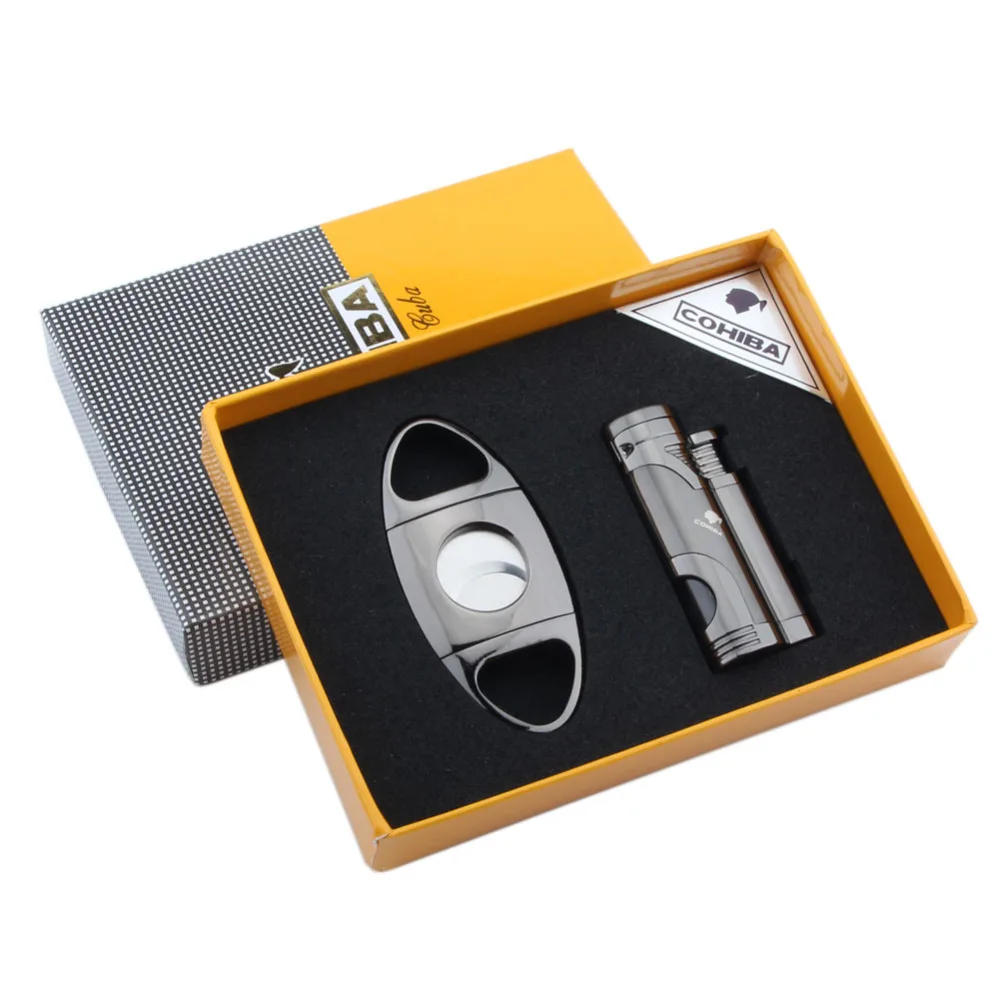 

COHIBA Portable 3 Torch Cigarette Lighter & Cutter Amazing Gas Butane Lighter Cigar Cigarette Set With a Gift Box