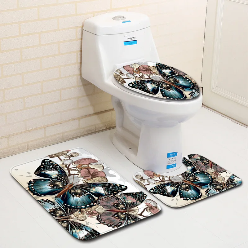 3pcs Bath Mats Butterfly Cartoon Anti Slip Bathroom Mat Set Coral Fleece Floor Bath Mats Washable Toilet Rugs Bathroom Products