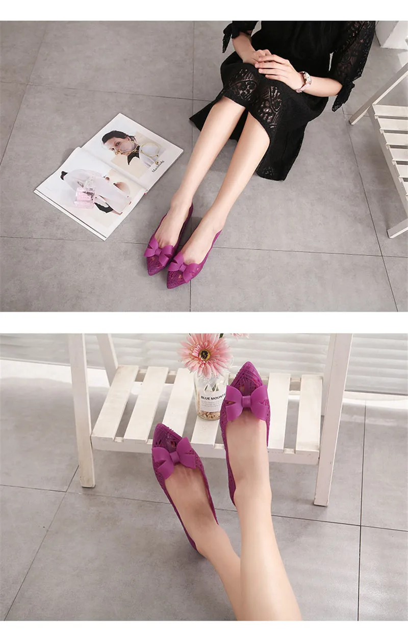 New Women Jelly Shoes Summer Comfortable Flat Beach Sandals  Sweet Bow Quick Dry Hollow Out Waterproof Rain PVC Lady Sandal Shoe (3)
