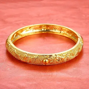 

MxGxFam Bridal Jewelry Dragon and Phoenix Bangles Bracelets for Women Wedding 19cm 24 k Pure Gold Color Classic Style
