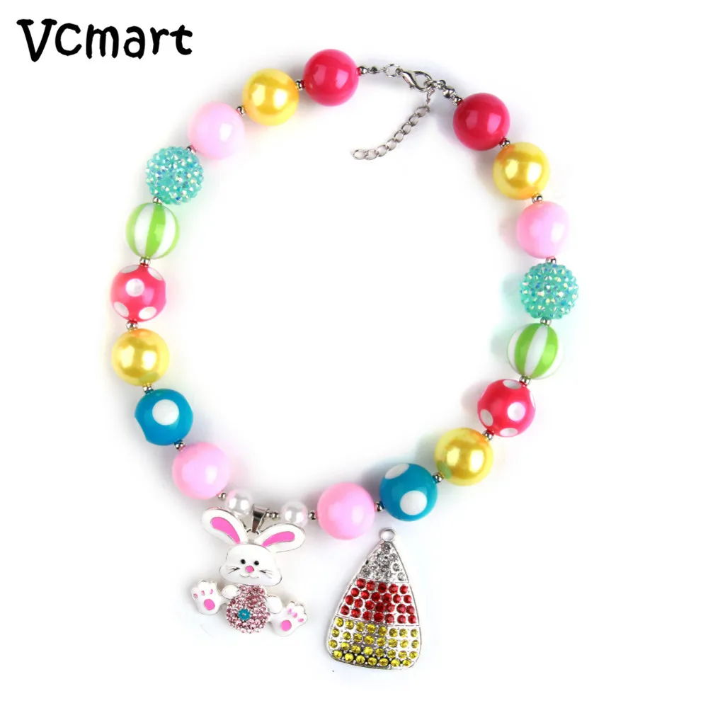 1Pcs Cute Rhinestone Rabbit Pendant Beaded Bubblegum Children Necklace