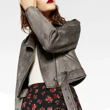 Высокое качество Женские Байкерские Куртки из искусственной замши женские мотоциклетные матовые Куртки из искусственной кожи на молнии с поясом серая уличная одежда