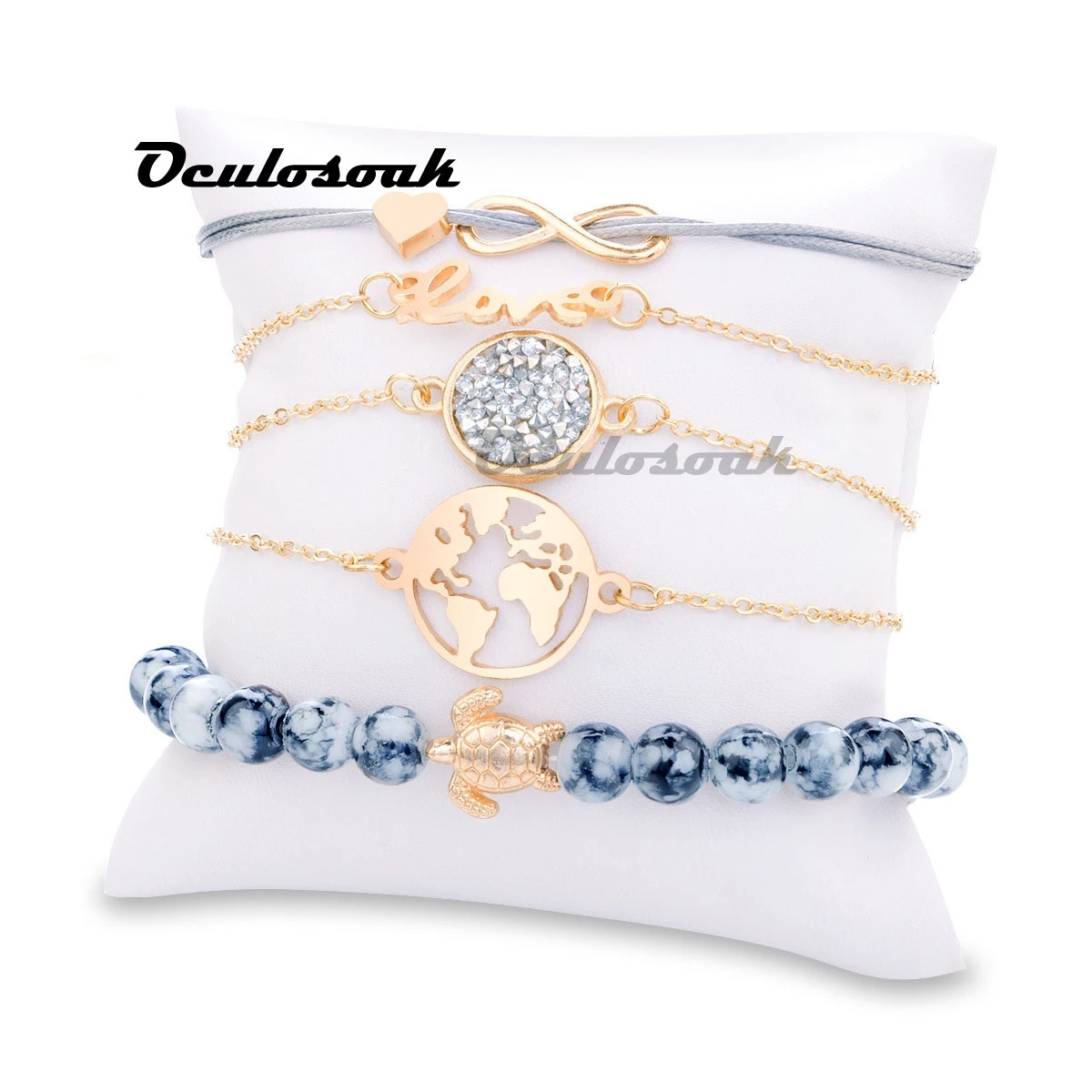 

2019 New Bohemian Gold Color Earth Letter Infinite Bracelet Set for Women Tortoise Beads Bracelet Set Party Jewelry 5pcs/1set