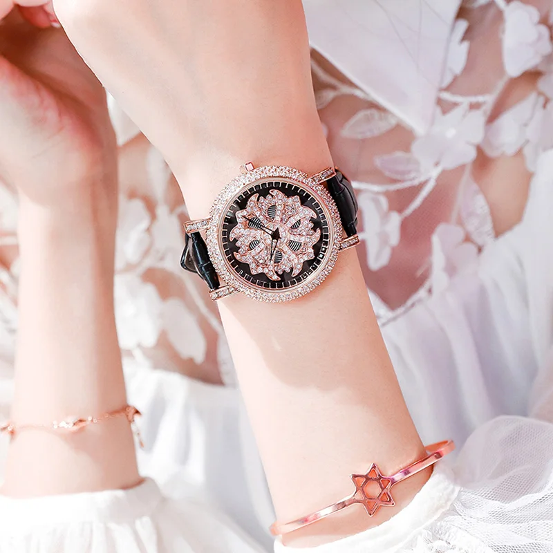 Роскошные женские часы с вращающимся циферблатом, с кристаллами, под кожаное платье, с бриллиантами, кварцевые часы-браслет, женские золотые часы, reloj mujer