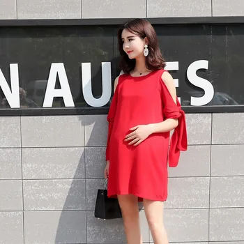 

Maternity wear summer new Korean version of pregnant women skirt bare shoulder irregular butterfly sleeve chiffon maternity dres