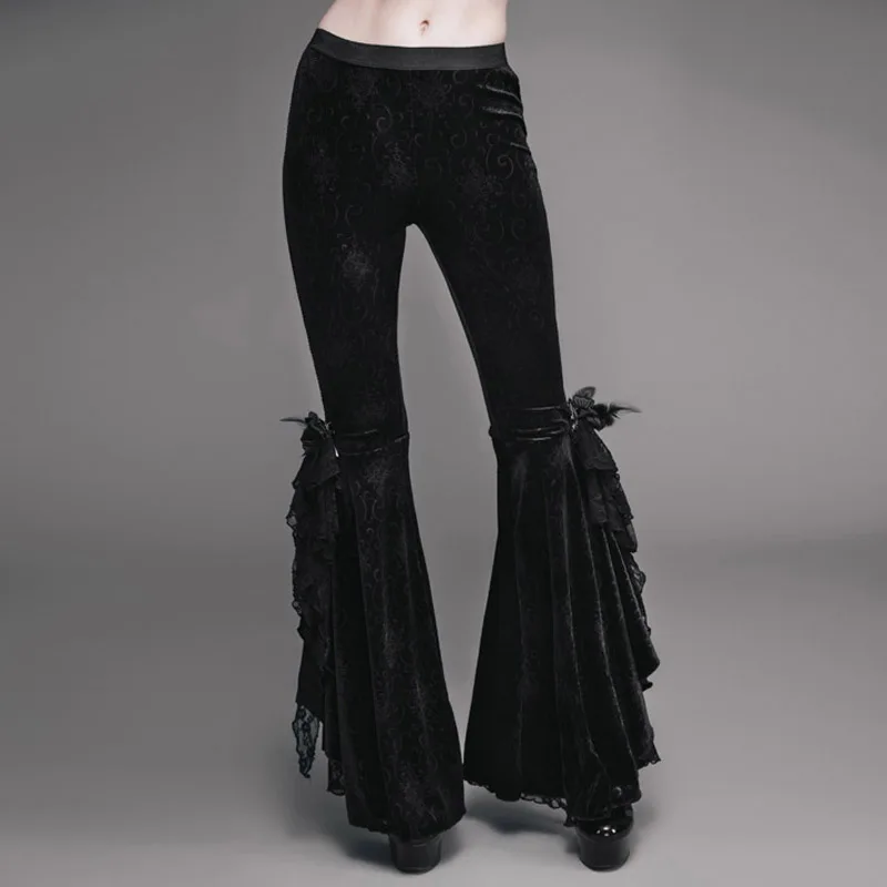 

EVA LADY Gothic Dark Embroidery Velour Flare Pants Steampunk Stage Performance Women Trousers with Rose Lace Decorated