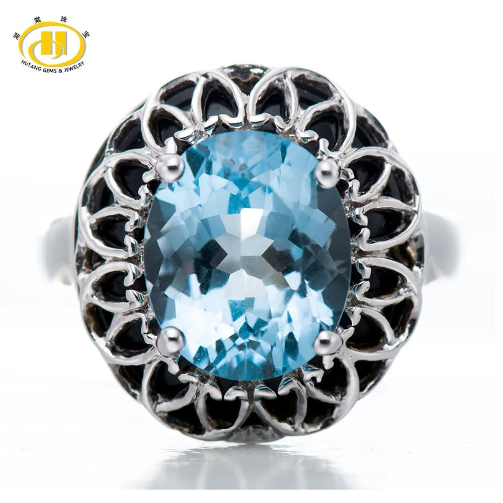 

Hutang Trendy 5.65Ct Genuine Sky Blue Topaz Black Agate Real 925 Sterling Silver Cocktail Ring Brand New Gemstone Fine Jewelry