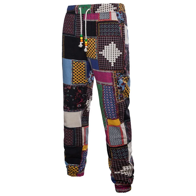 New Bohemia Floral Print Pants Men Luxury Brand Drawstring Long Joggers Colorful Casual Sweatpants Male Loose Plaid Linen Pants