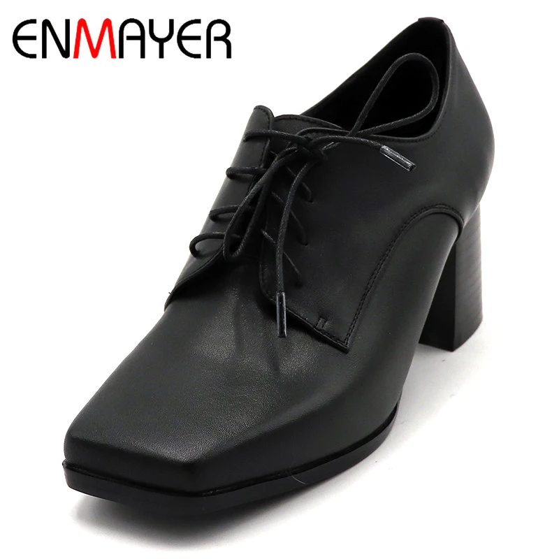 

ENMAYER Spring High Heel Shoes Woman Square Toe Square Heel Platform Women Casual Shoes Lace-up Dating Solid Shallow Lady Shoes