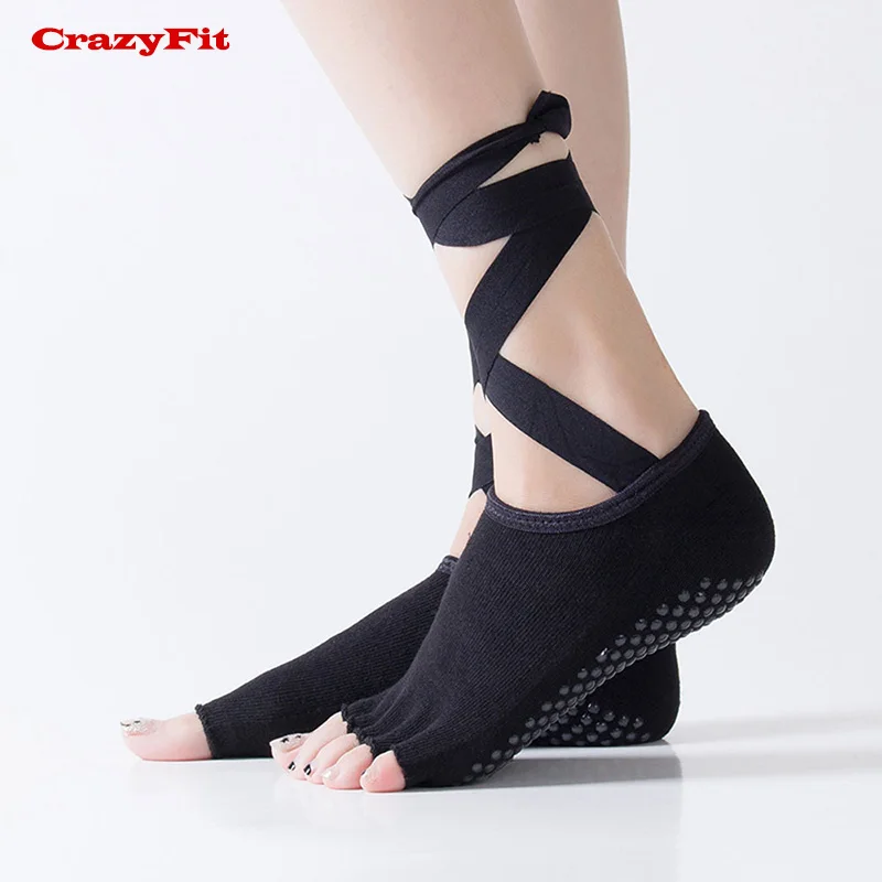 CrazyFit спортивные носки для йоги женские поперечные ремни 5 с открытым носком Нескользящие противоскользящие спортивные дышащие носки для йоги с пятью пальцами - Цвет: Black