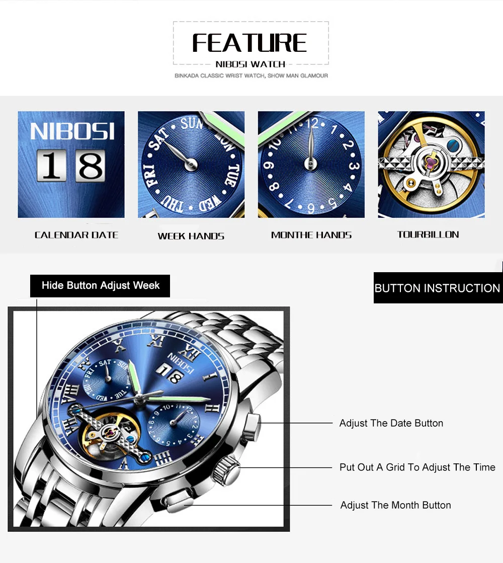 NIBOSI Skeleton Automatic Mechanical Watches For Men Full Steel Strap Clock Luminous Luxury Watch Men's Relogio Masculino (8)