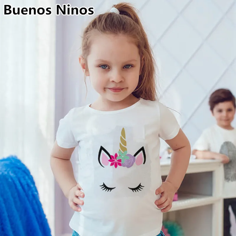 

Girls Kids Cute Unicorn O-Round Collar T Shirts Children 95% Cotton Printed short-sleeved T-shirt White Yellow