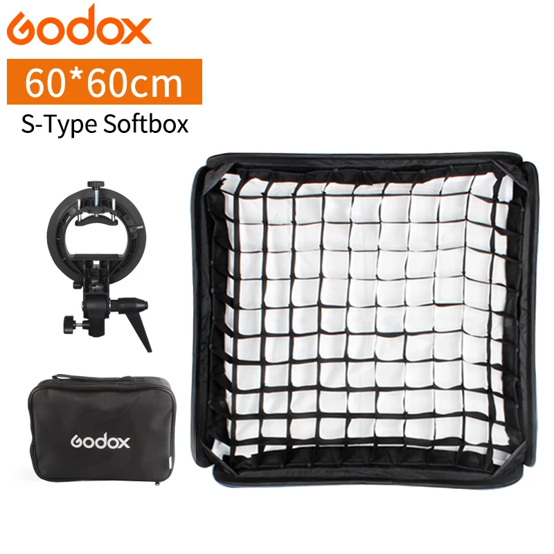 Софтбокс Godox 60x60 см с сеткой+ держатель кронштейна s-типа+ сумка для переноски для фотостудии Speedlite стробоскоп светильник 60*60 софтбокс