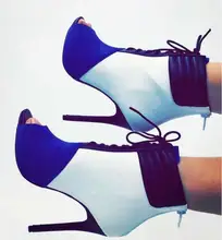 hot selling blue patchwork stretch thigh boots peep toe lace-up high heels winter ankle boots for women cut-out dress shoes hot selling blue patchwork stretch thigh boots peep toe lace-up high heels winter ankle boots for women cut-out dress shoes