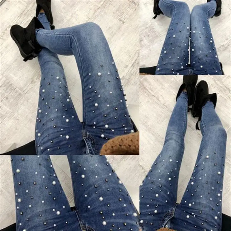 Джинсы Брюки Для женщин Высокая Талия обрушенное Тонкий джинсовые штаны стрейч Бисер джинсы из стираного денима узкие брюки-карандаш