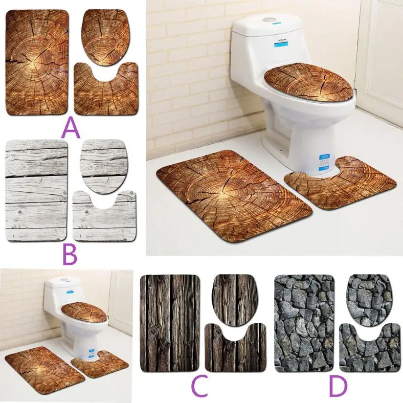 

3PCS Creative Wood Pattern Non Slip Toilet Seat Cover and Rug Bathroom Set Decor Aug11 Drop Ship