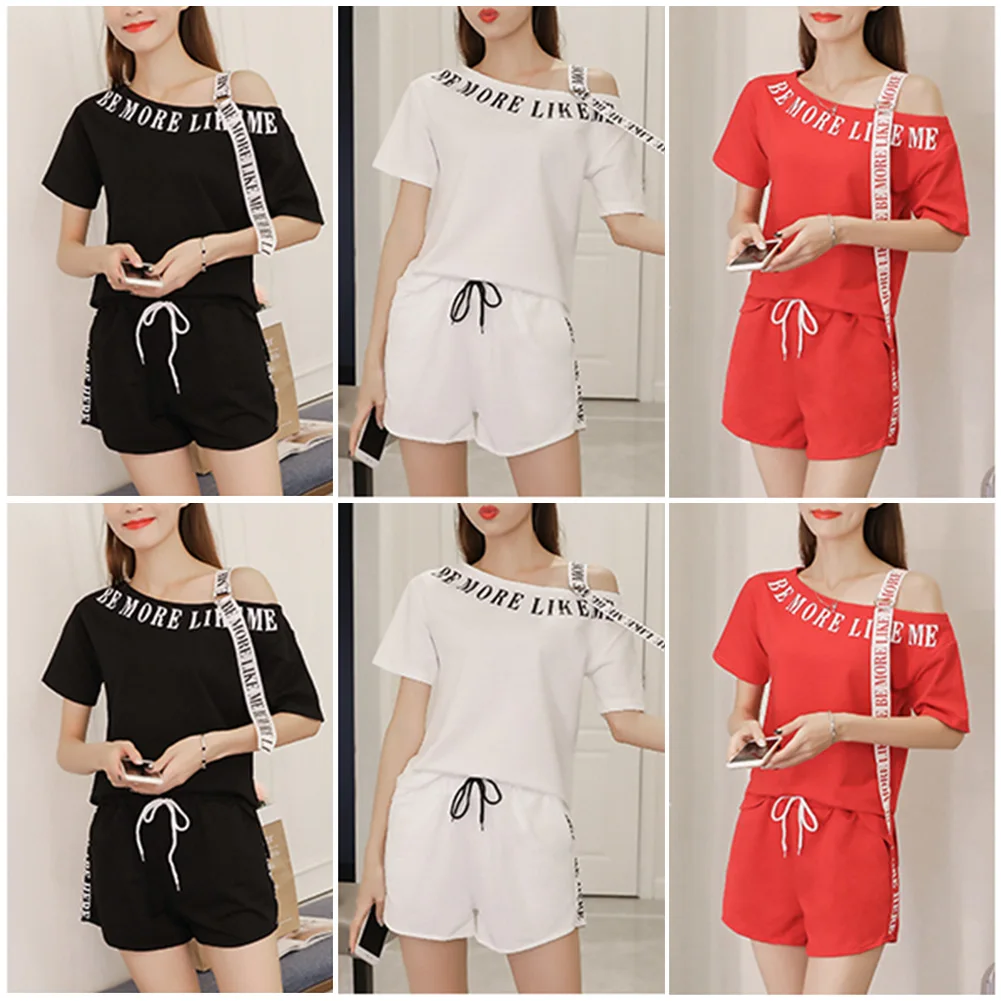 

Summer Woman Fashion Loose Casual Off-Shoulder Patch T-shirt Top Wide Leg Shorts Two-piece Set