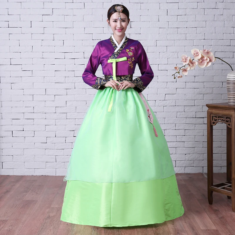 

Hot Sale 2017 Purple Jacket Green Bow Skirts Long Sleeve Traditional korean Women's Hanbok Costume Stage Dance Long Dresses