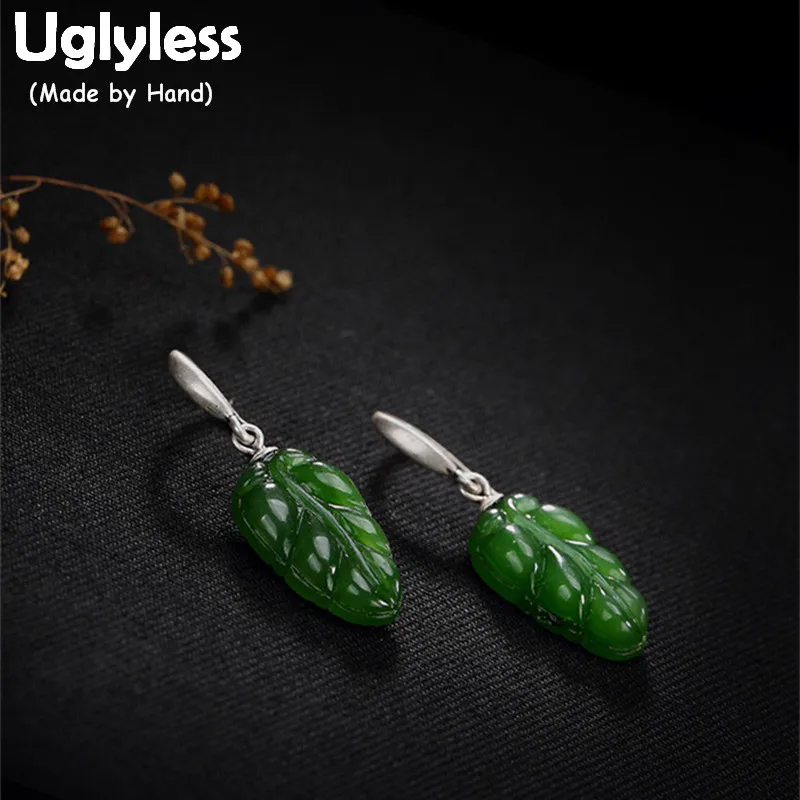 

Uglyless S 925 Sterling Silver Natural Green Jade Leaves Earrings for Women Retro Jasper Bijoux Ethnic Brincos Handmade Jewelry