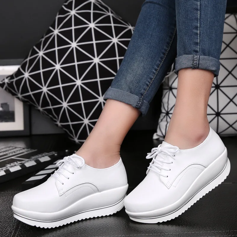 

Autumn women flats shoes ladies genuine leather white platform sneakers shoes women lace up flats creepers shoes 563