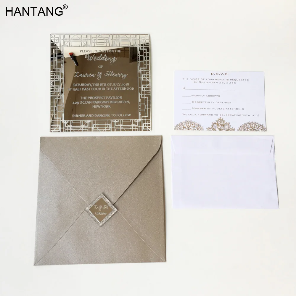  Customized 150x150mm Square Shape Silver Mirror Acrylic Wedding Invitation Card 100 Sets Per Lot - 32828836534