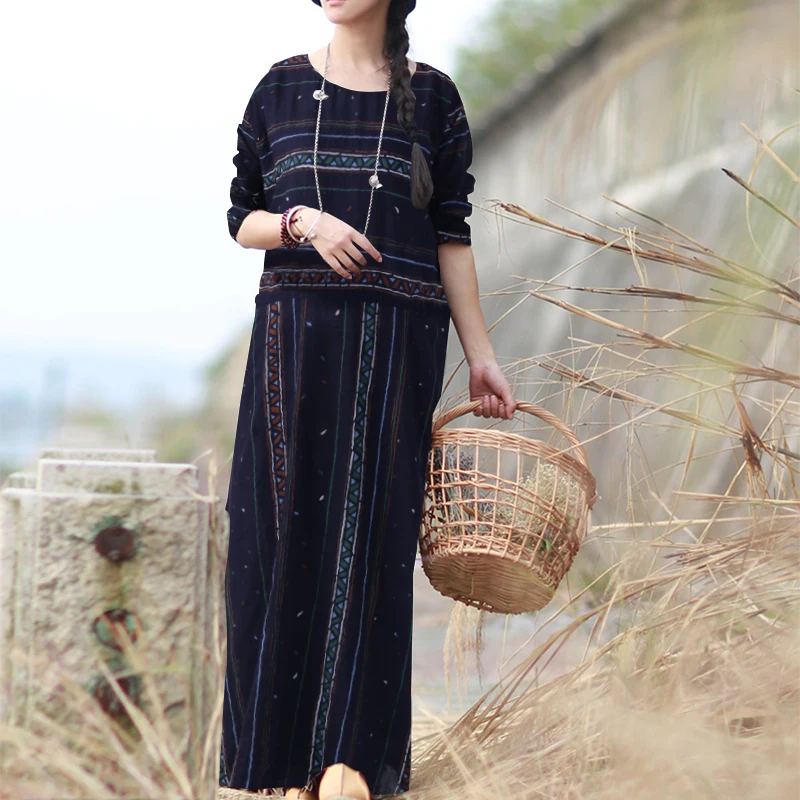 

ZENZEA Plus Size Women Long Maxi Dress 2019 Autumn Women Long Sleeve Printed Striped Dresses Beach Vestido Robe Femme Kaftan