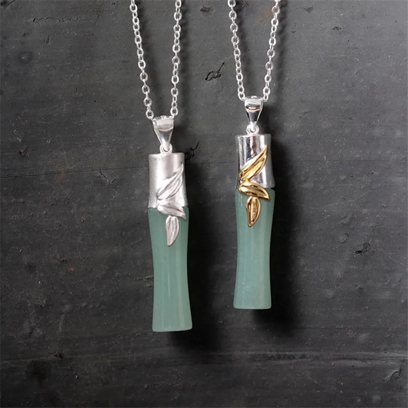 

FREE SHIPPING Gorgeous Natural Light Green Stone Bamboo Pendant Necklace