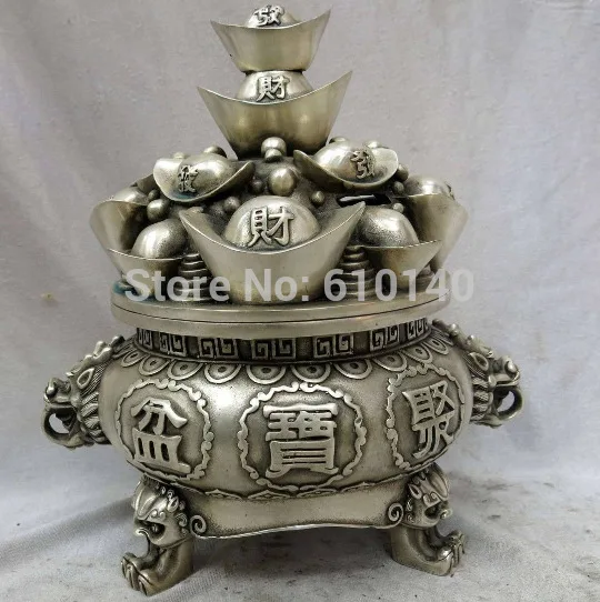 

10" China silver carved finely money dragon treasure bowl Sculpture Statue