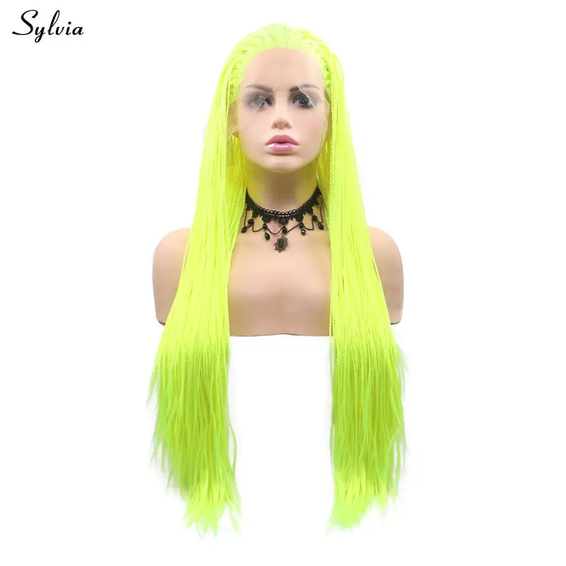 

Sylvia Braided Wigs Bright Green Synthetic Box Braid Wig Lace Front Long Hair Natural Looking Cosplay Heat Resistant For Women