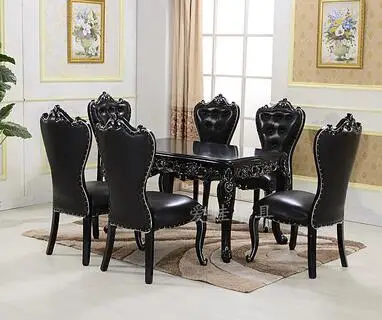 النمط الأوروبي طاولة الطعام و كرسي مجموعة 6 الناس الأسود الصلبة الخشب نحت طاولة مستطيلة بسيطة صغيرة الأسرة.