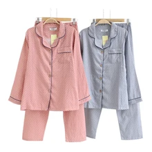 Простые весенние пижамные комплекты в горошек для женщин, хлопок, повседневная одежда для сна с длинным рукавом, качественные пижамы для женщин, домашняя одежда