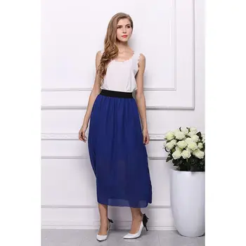 

Summer Fashion Solid Double Layer Chiffon Pleated Skirts Womens Elastic Waist Long Skirt Lady High Waist Skirt Female Clothing