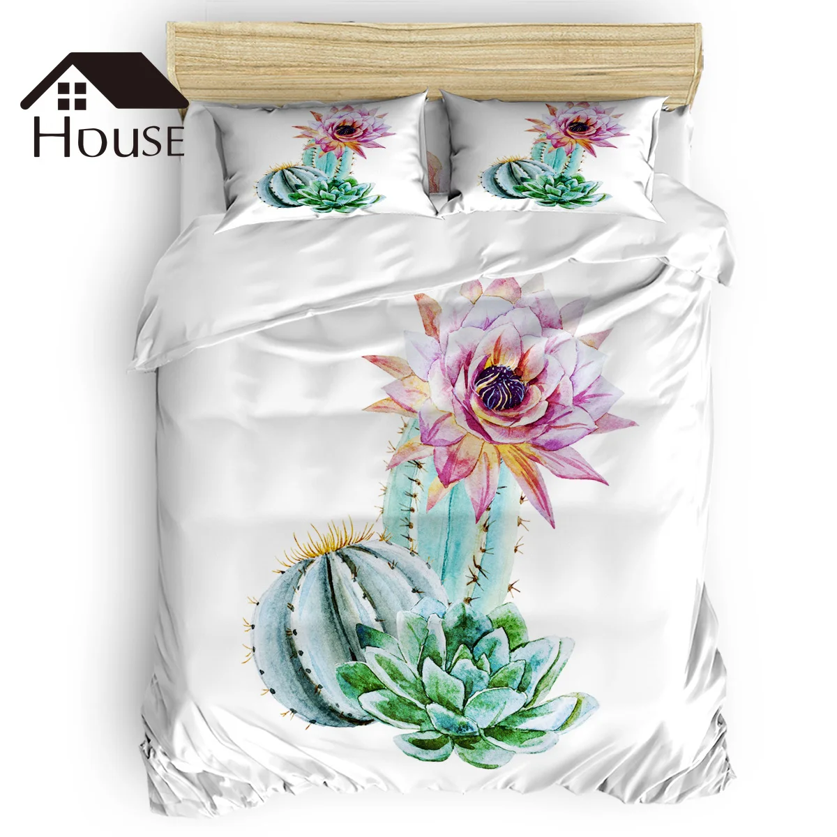 

BIGHOUSES Duvet Cover Set Green Plant Beautiful Cactus Flower Watercolor Design Duvet Cover 4 Piece Bedding Set