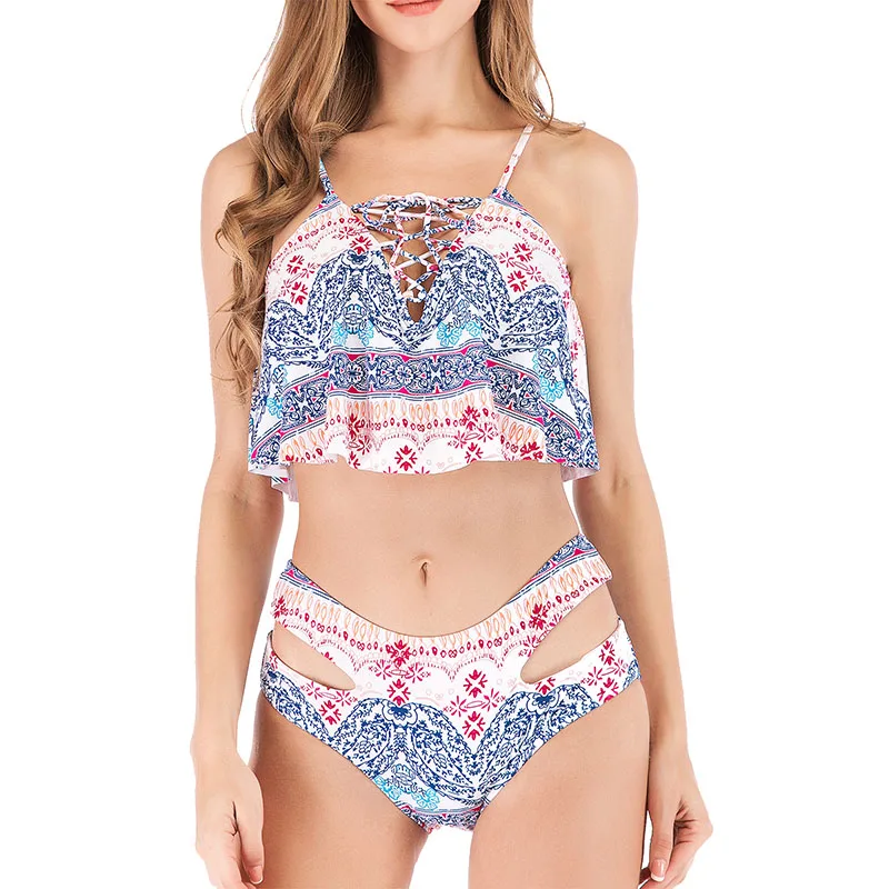 

2019 European and American New Lotus Edge Split Best-selling Swimwear High-waist Printed Bikini Swimming Suit