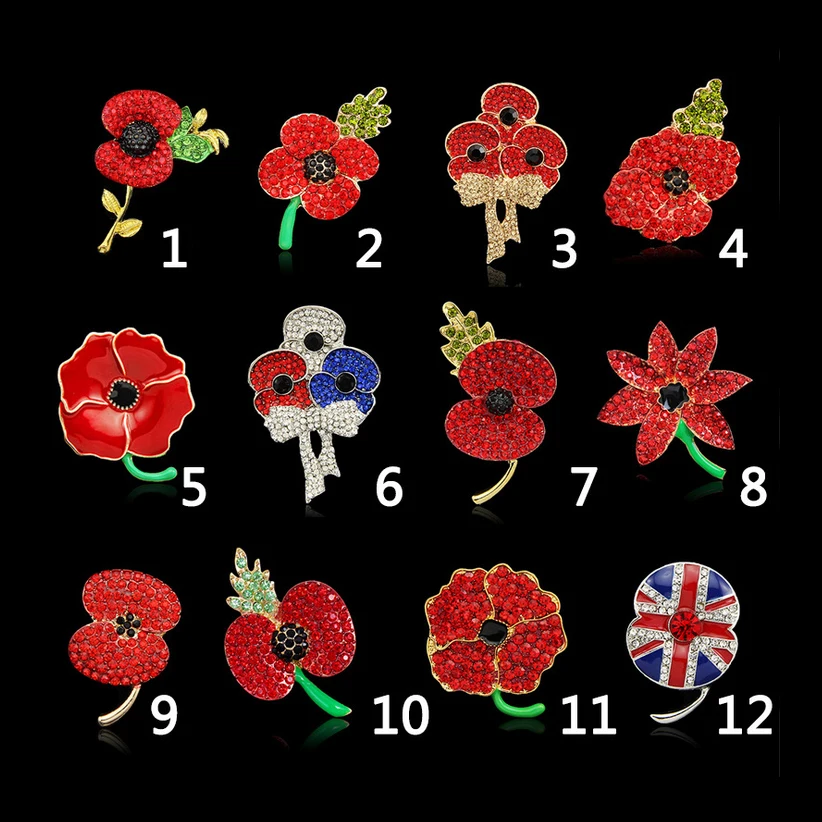 

fashion wholesale 12 designs poppy brooches shinning crystal red paint poppy flower jewelry brooch