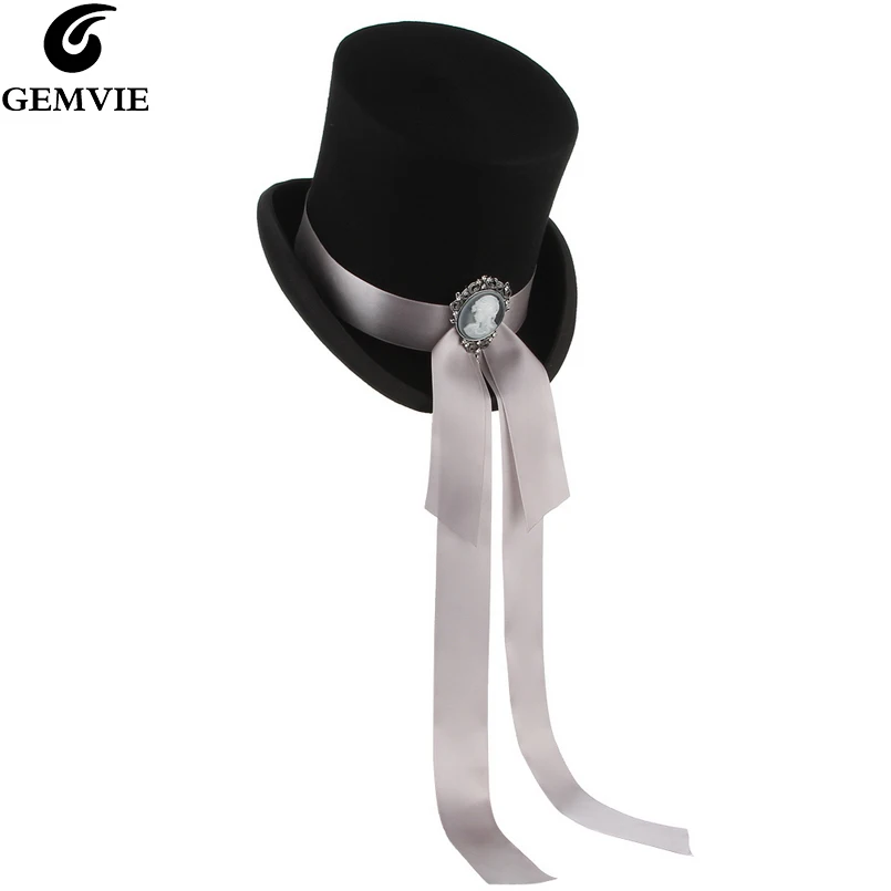 

GEMVIE High Cylinder Hat With Goddess Ribbon 100% Wool Felt Top Hat For Women/Men Classical Derby Fedoras Costume Accessory