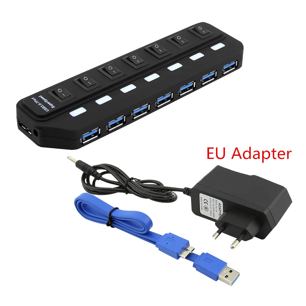 7-Port USB Hub 3.0 High Speed 5Gbps USB Splitter With AU/EU/UK/US Power Adapter On/Off Switch For PC Laptop Computer Accessories