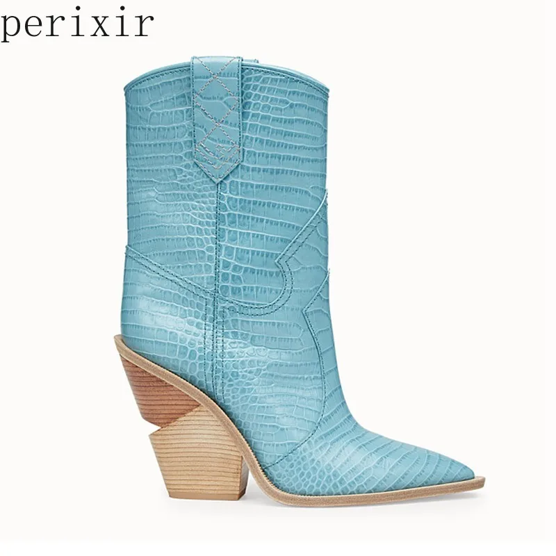 

Women Western Cowboy Distressed Boots with Pull-Up Tab Mid-Calf Boots Leather Ankle Booties Chunky Wedge Stack Block Heel Runway