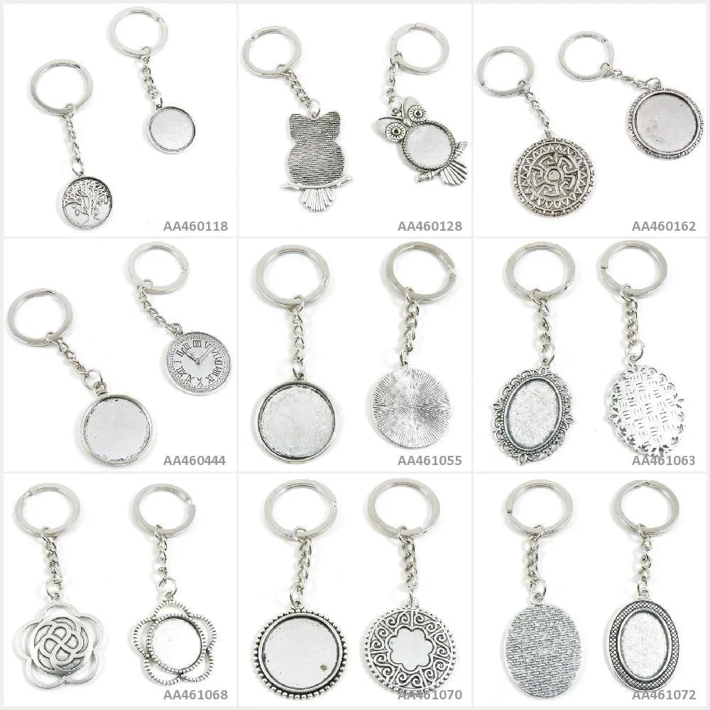 

Antique Silver Tone Keychain Keyring Keytag Oval Cabochon Base Blank Round Cherry Setting Clock Owl Life String Key Chain Ring